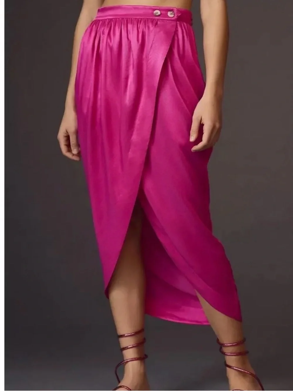 Maeve Bright Pink Satin Tulip Wrap Skirt Barbiecore Y2Kstyle Vibrant Joyful